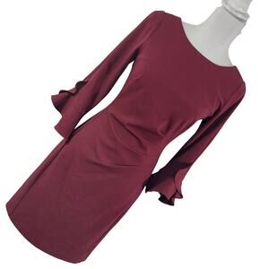 NWOT! KARL LAGERFELD! RICH BURGUNDY RED RUFFLED LING SLEEVE MIDI DRESS! SZ 2